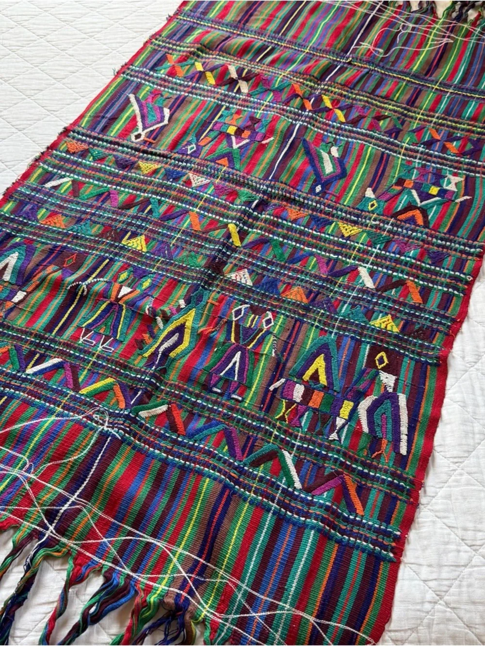 Vintage Guatemalan Textile Table Runner 30x52 Handwoven Embroidered Boho